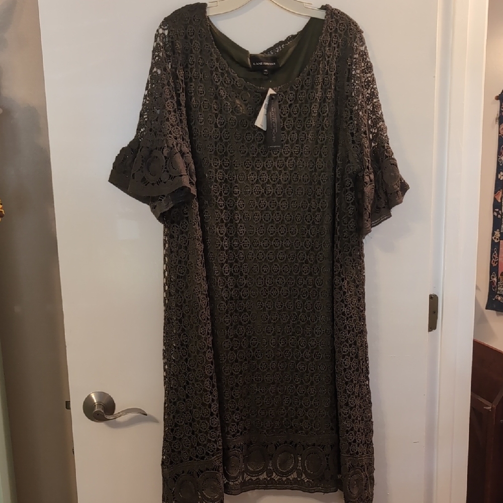 *NEW* Lane Bryant Olive Green Crochet, Lined Midi Dress 20P